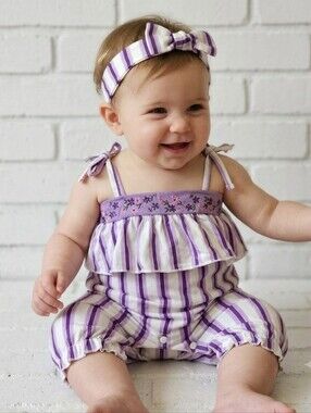 ​Baby Girl Purple Striped Floral Ruffle Romper & Headband Summer Set Sz 6-9M